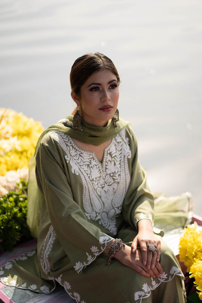 Olive Green Cotton Phiran Suit with White Aari Embroidery