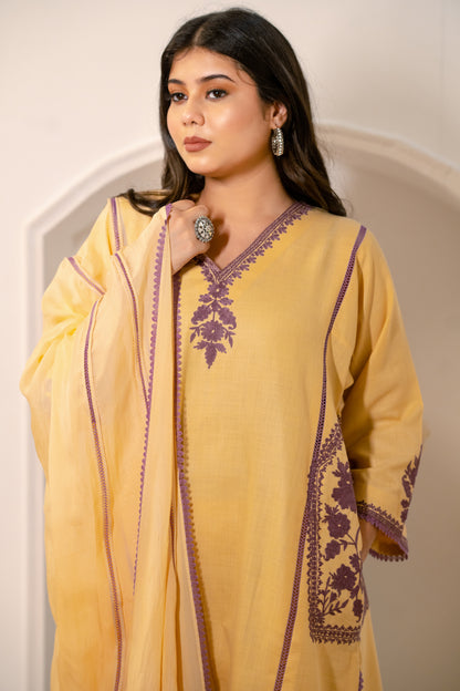 Cream Cotton Suit with Purple Aari Embroidery