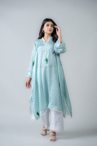 Light teal stripes modal satin kurta and pant