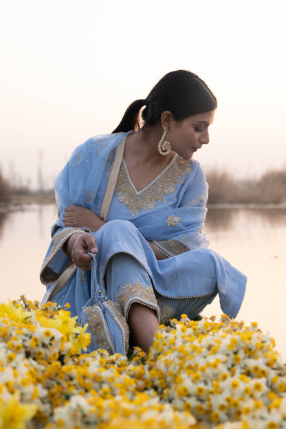 Carolina Blue Georgette Hand embroidered Tilla Suit