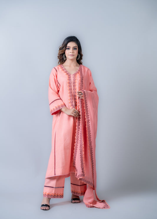 Peach Cotton Suit with White Aari Embroidery