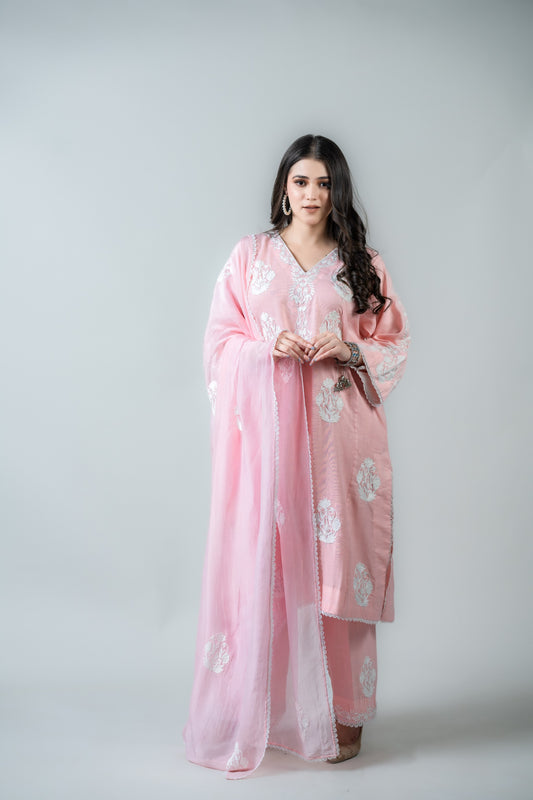 Light Pink Cotton Suit with White Aari Embroidery