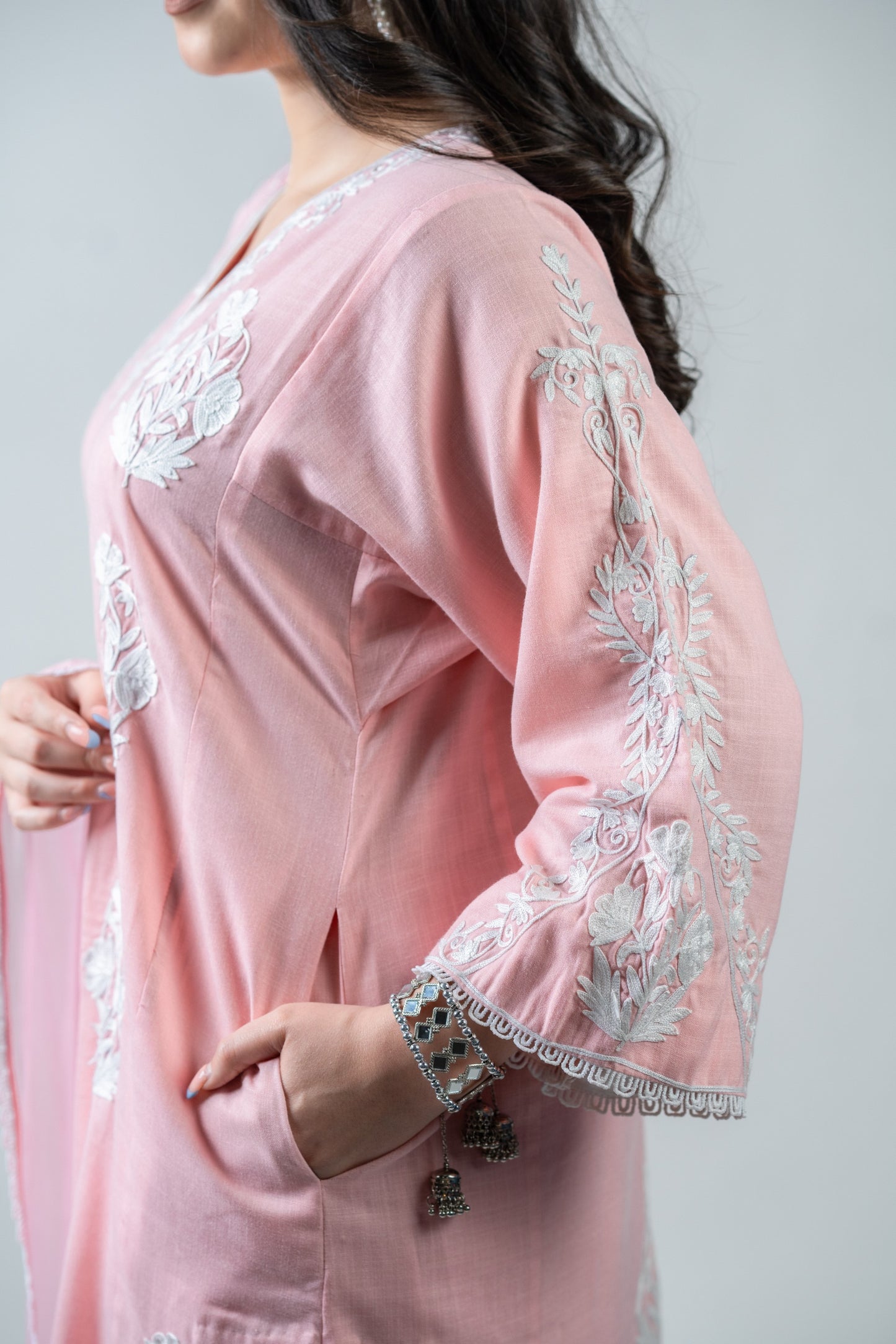 Light Pink Cotton Suit with White Aari Embroidery