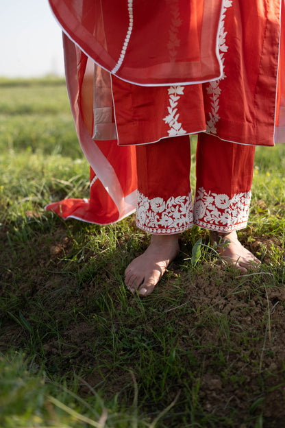 Red Orange Cotton Suit with White Aari Embroidery