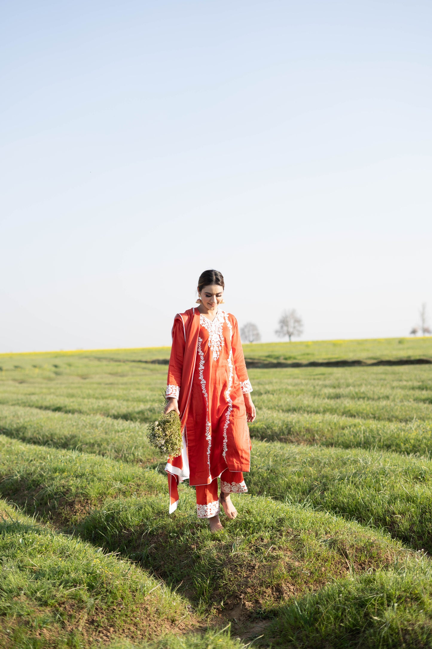 Red Orange Cotton Suit with White Aari Embroidery