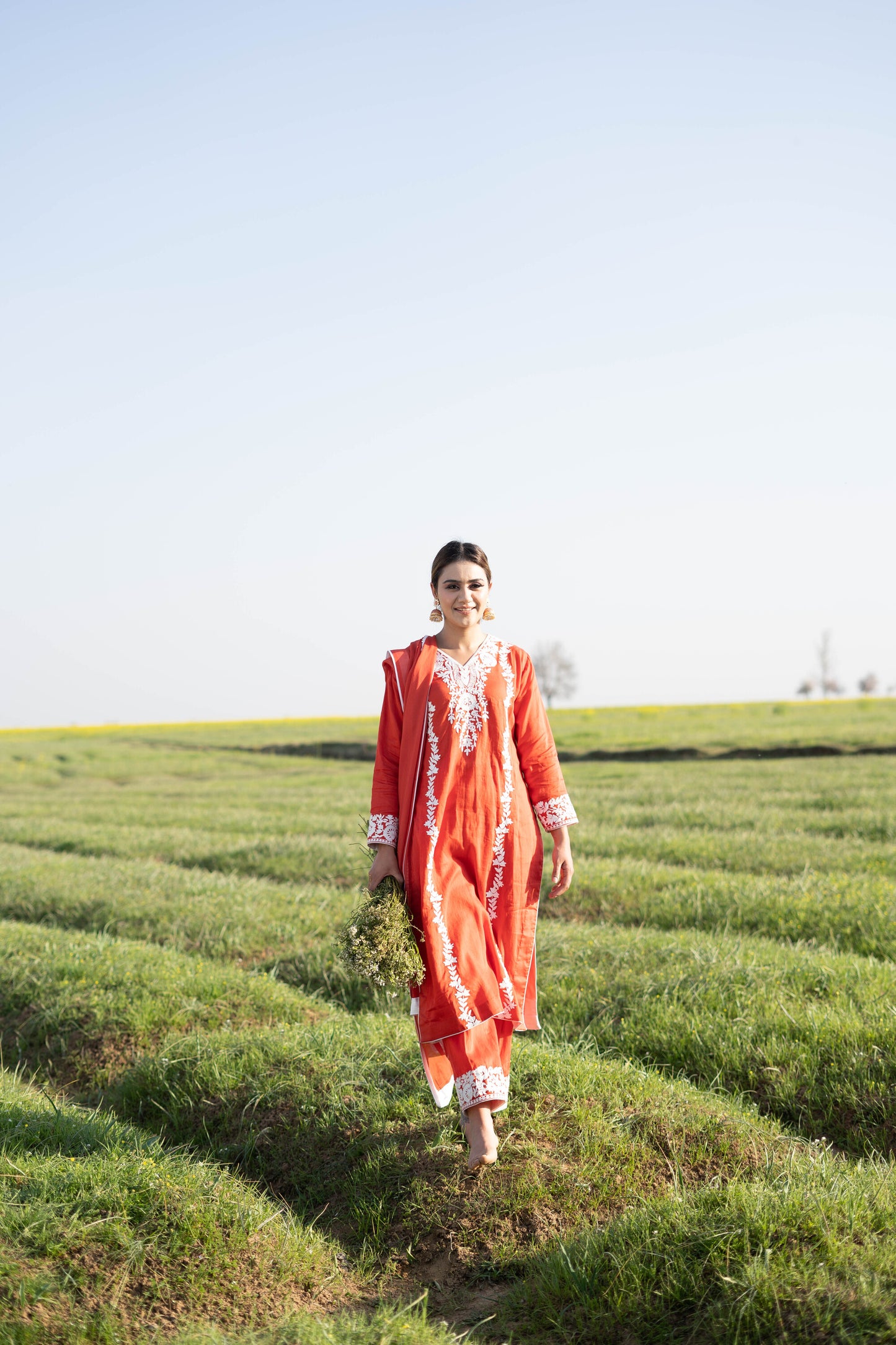 Red Orange Cotton Suit with White Aari Embroidery