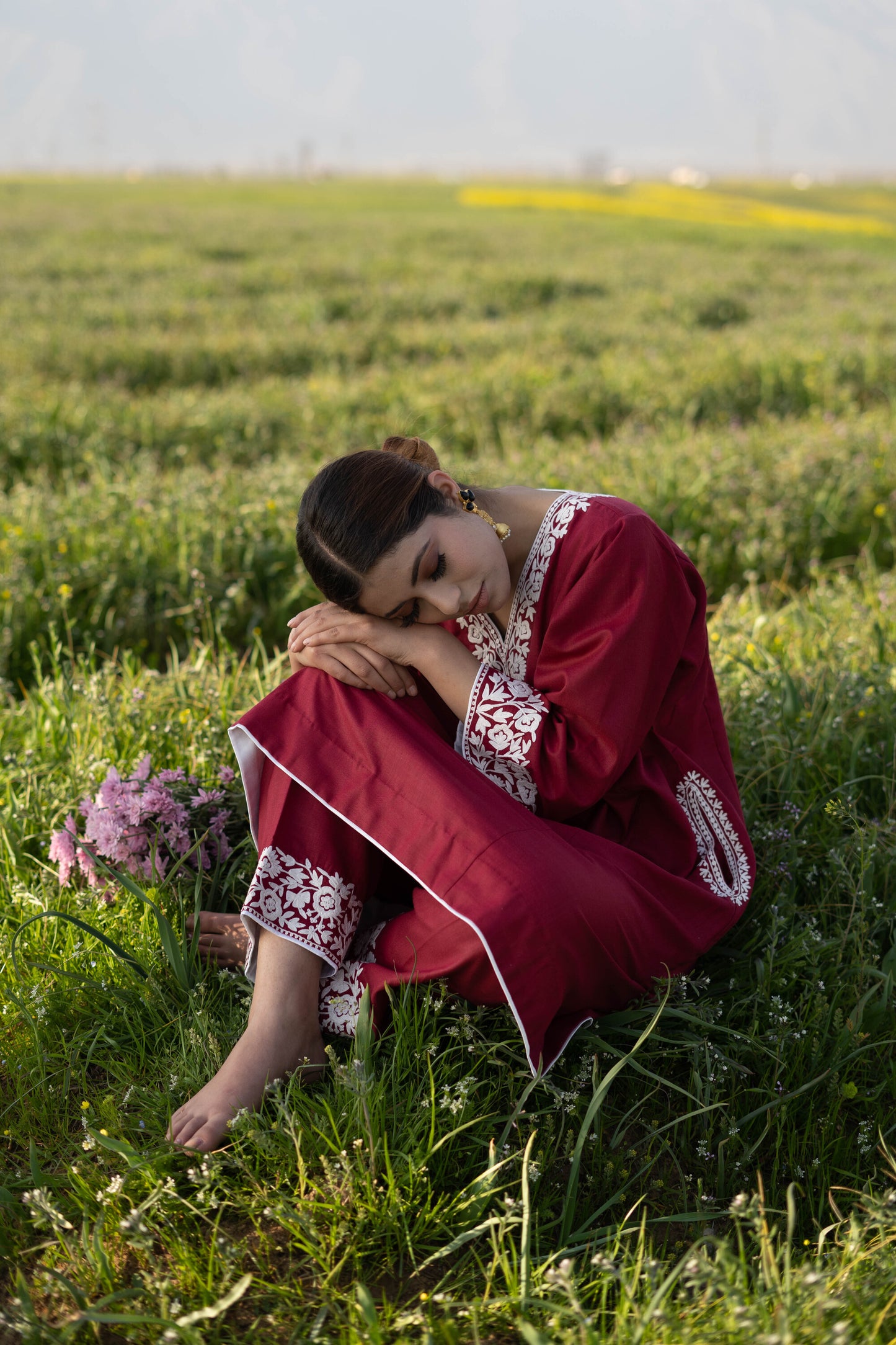 Cranberry Red Cotton Phiran Set With White Aari Embroidery