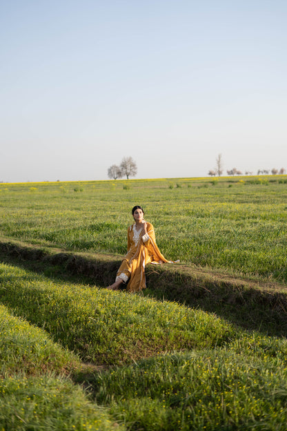 Mustard Yellow Cotton Suit with White Aari Embroidery