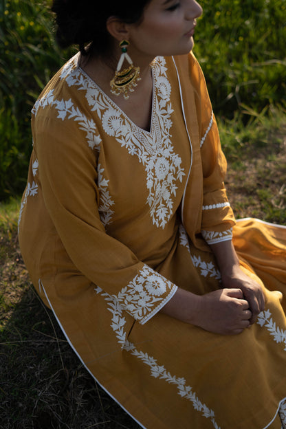 Mustard Yellow Cotton Suit with White Aari Embroidery