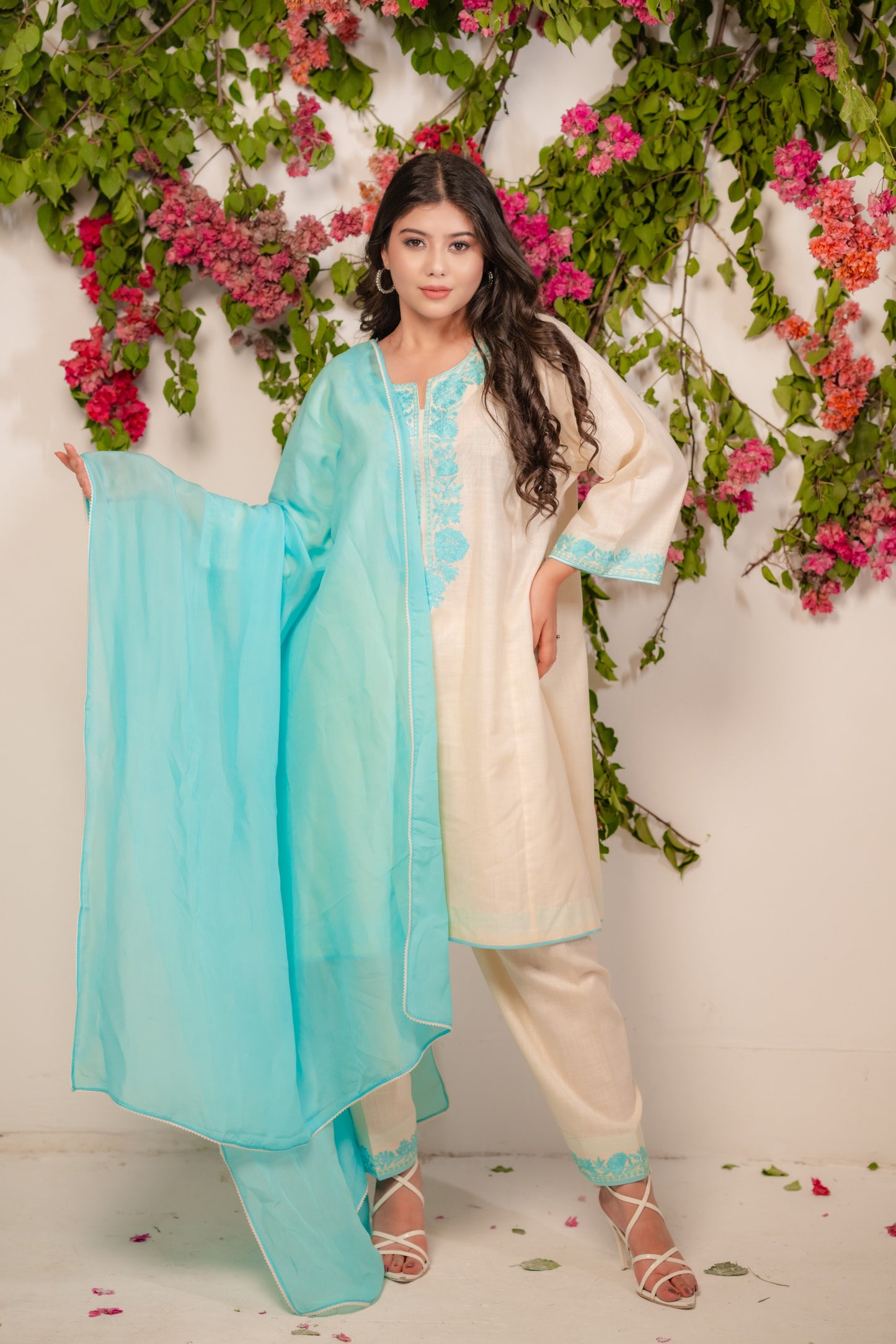 Off White Cotton Suit with Blue Aari Embroidery