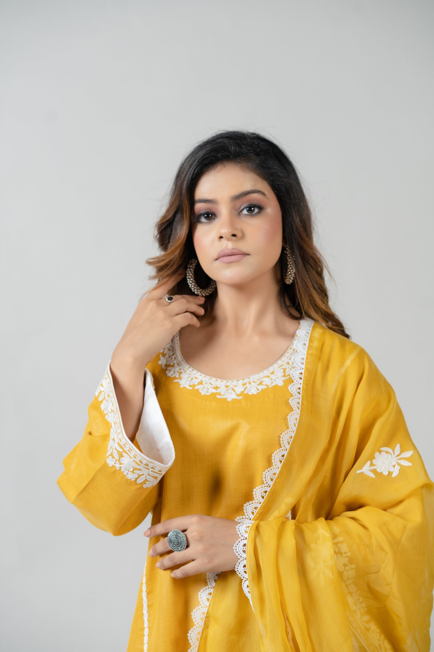 Mustard Cotton Suit with White Aari Embroidery