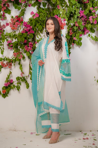 White mulmul suit with Teal dupatta