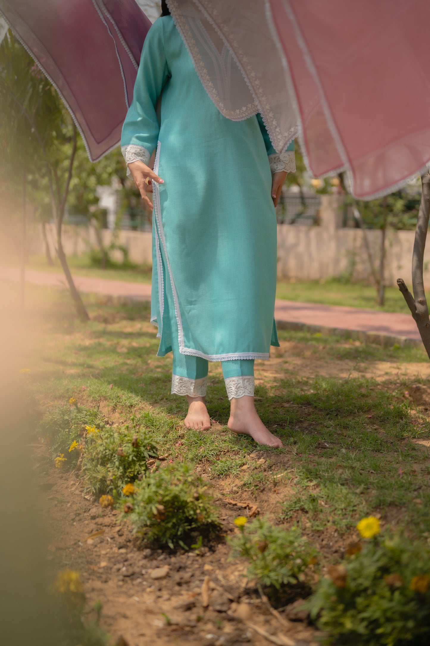 Aqua Blue Linen Suit with Ombre Dupatta