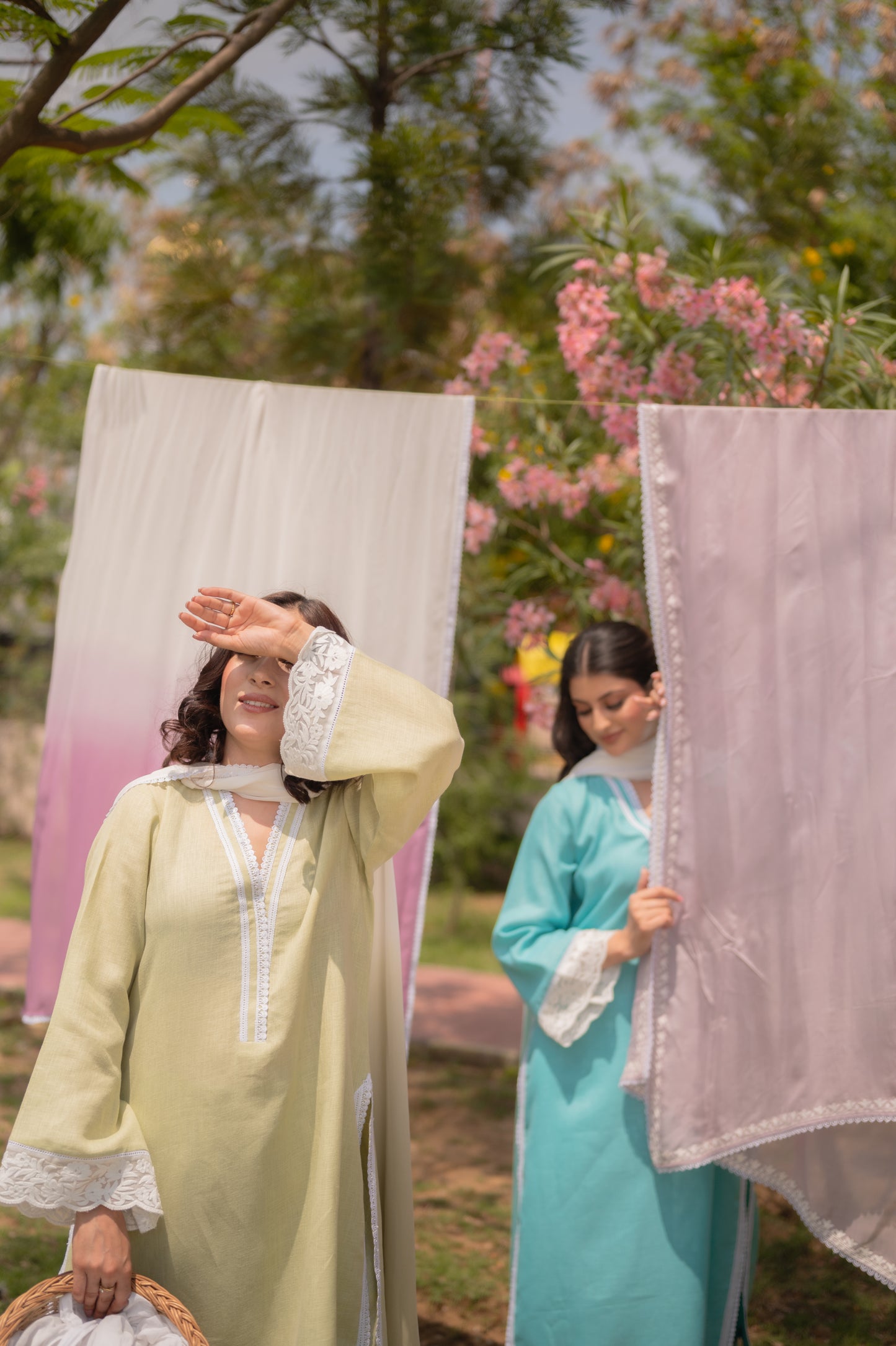 Sage Green Linen Suit with Ombre Dupatta