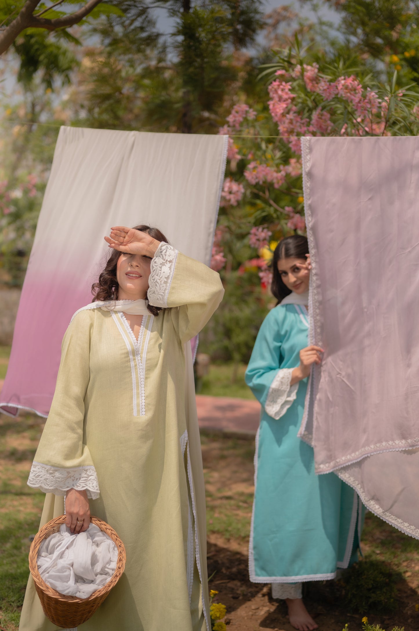 Sage Green Linen Suit with Ombre Dupatta