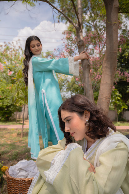 Aqua Blue Linen Suit with Ombre Dupatta