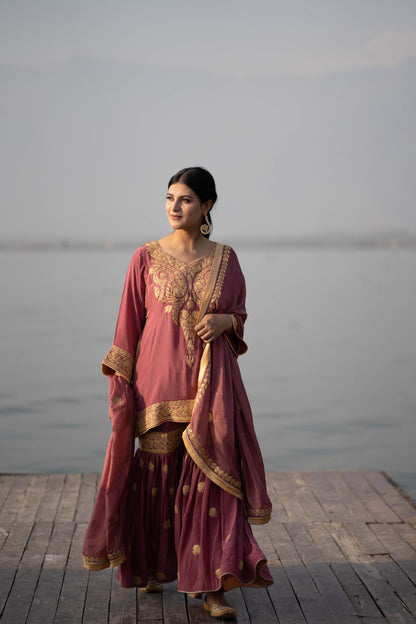 Peony Pink Crepe Gharara Tilla Suit