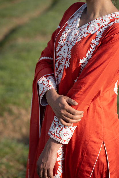 Red Orange Cotton Suit with White Aari Embroidery