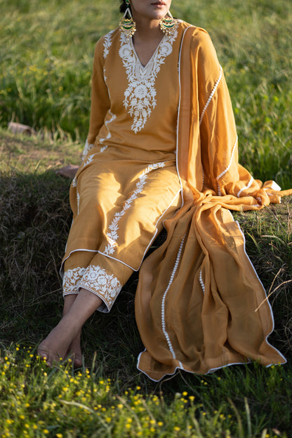 Mustard Yellow Cotton Suit with White Aari Embroidery