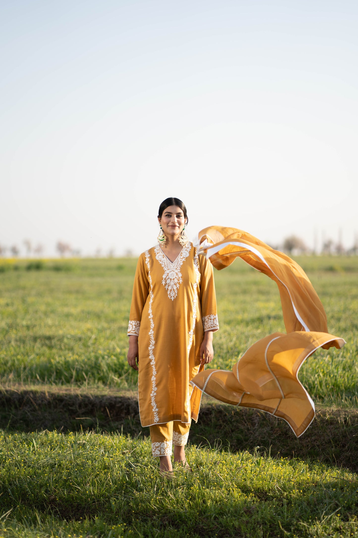 Mustard Yellow Cotton Suit with White Aari Embroidery