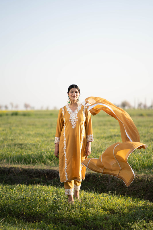 Mustard Yellow Cotton Suit with White Aari Embroidery