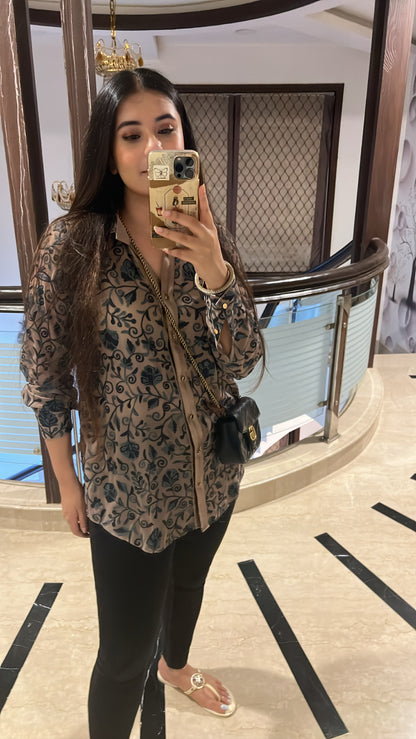 Brown all over embroidered shirt