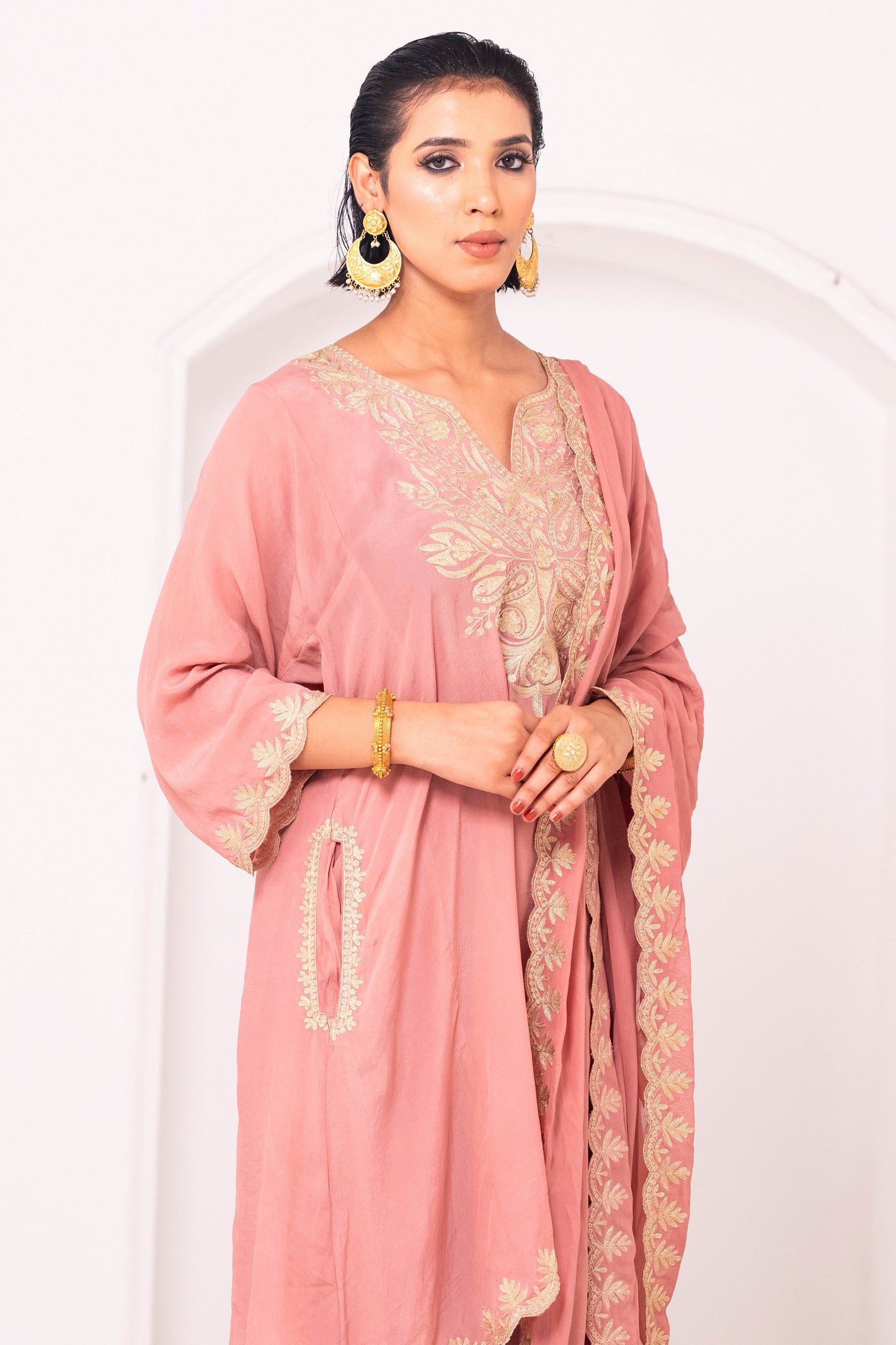 Pink Crepe Aari Phiran Suit