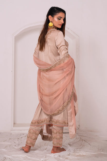 Taupe Peach GS Tilla  Hand Embroidered Phiran Suit