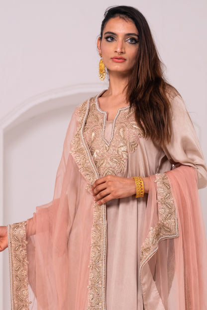 Taupe Peach GS Tilla  Hand Embroidered Phiran Suit