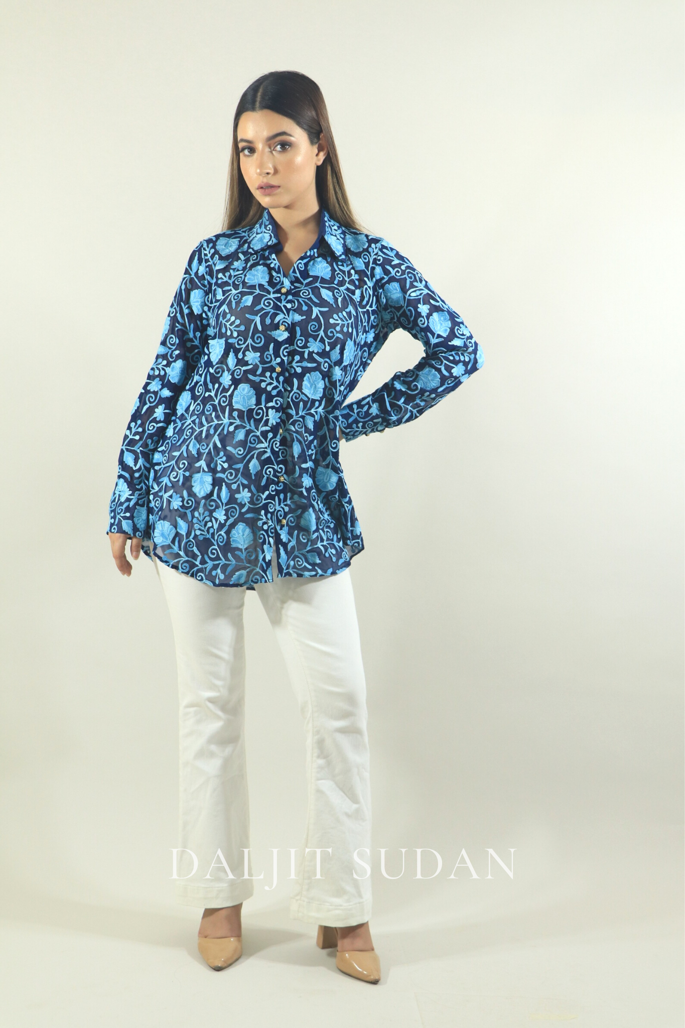 Blue all over embroidered shirt