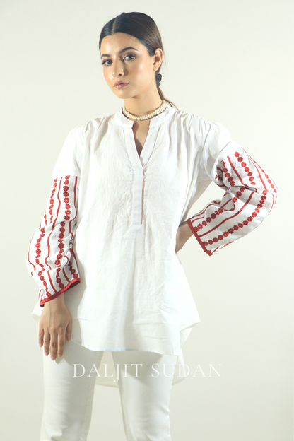 Linen sleeve stripes red embroidered shirt