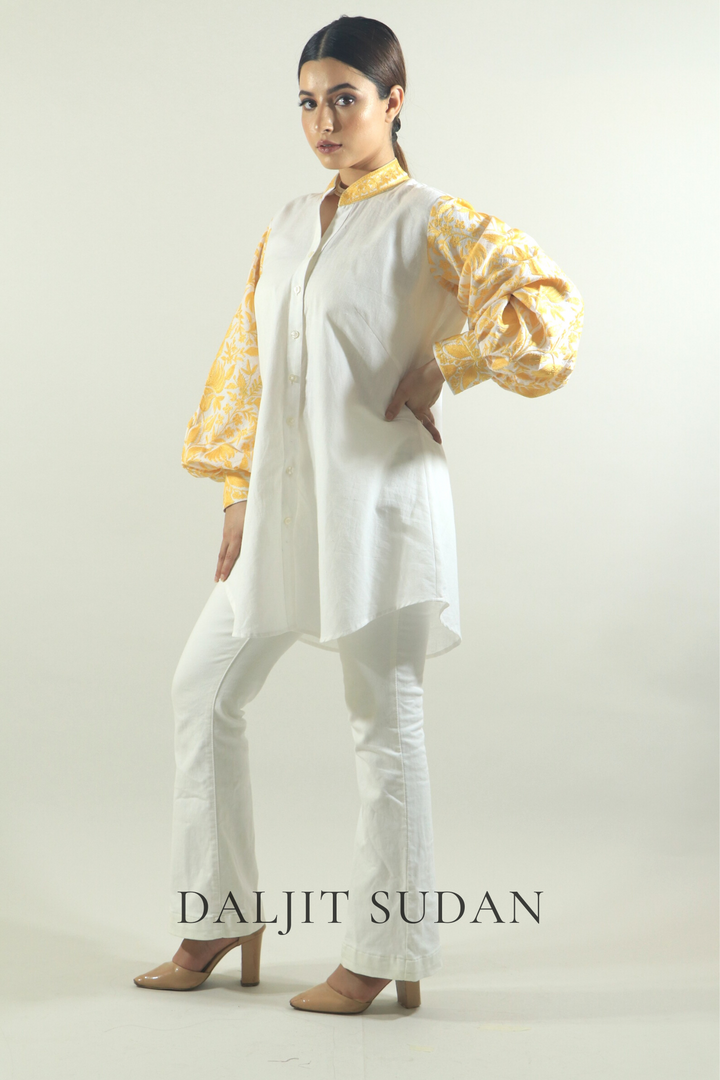 Linen sleeve yellow embroidered shirt