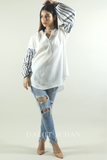 Linen sleeve stripes blue embroidered shirt