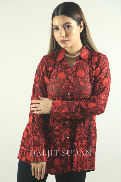 Maroon all over embroidered shirt