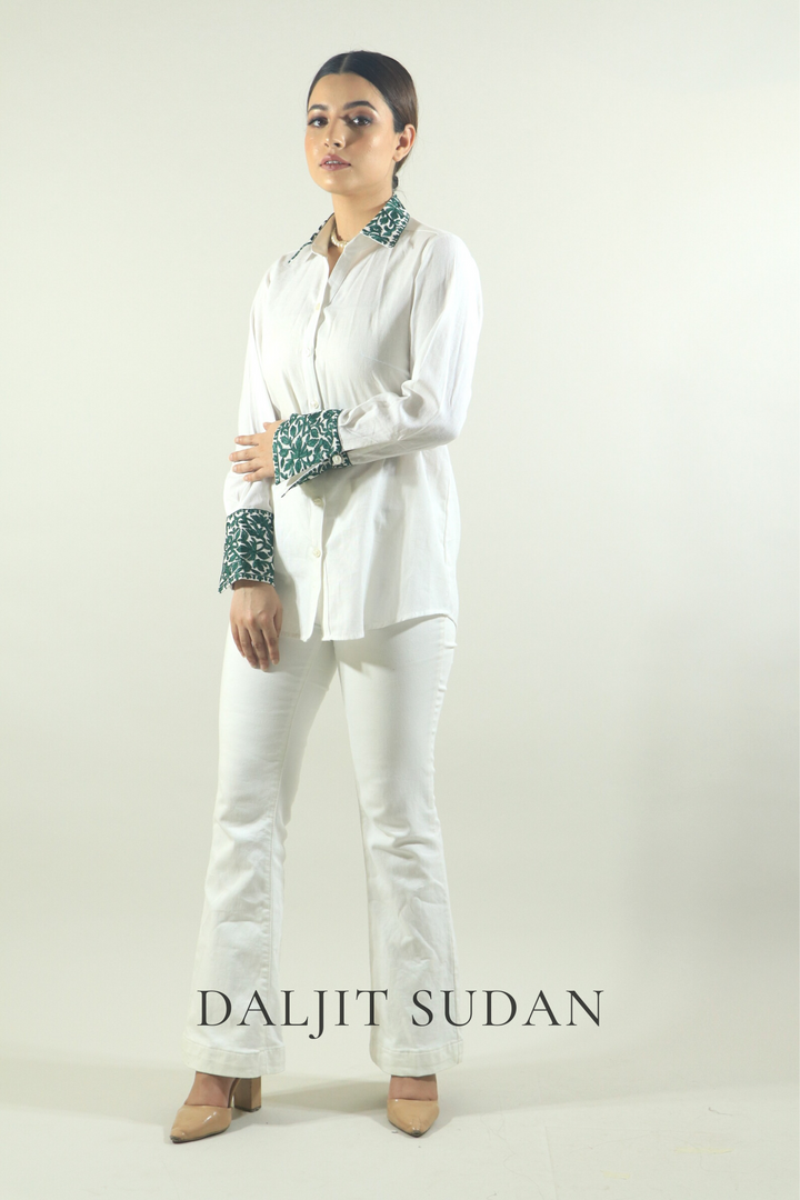 Off - white collar cuff emerald embroidered shirt