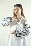 Linen sleeve stripes blue embroidered shirt