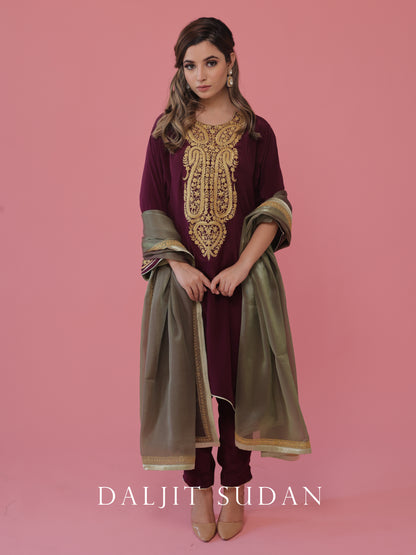 Wine crepe phiran suit with tilla embroidery