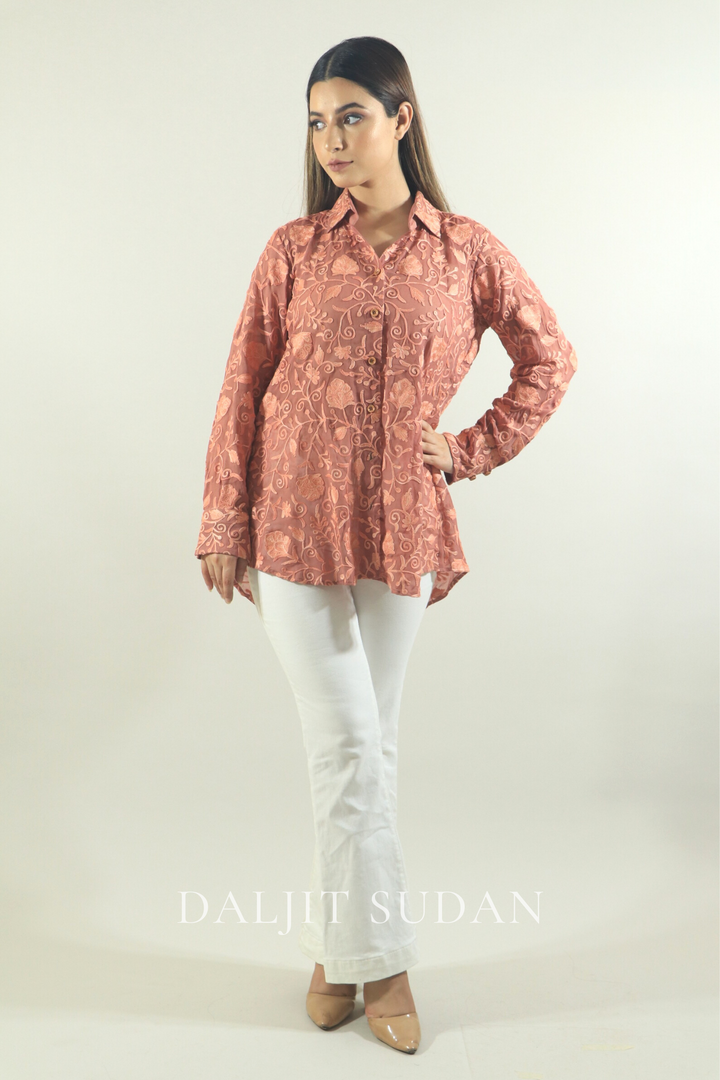 Rose pink all over embroidered shirt