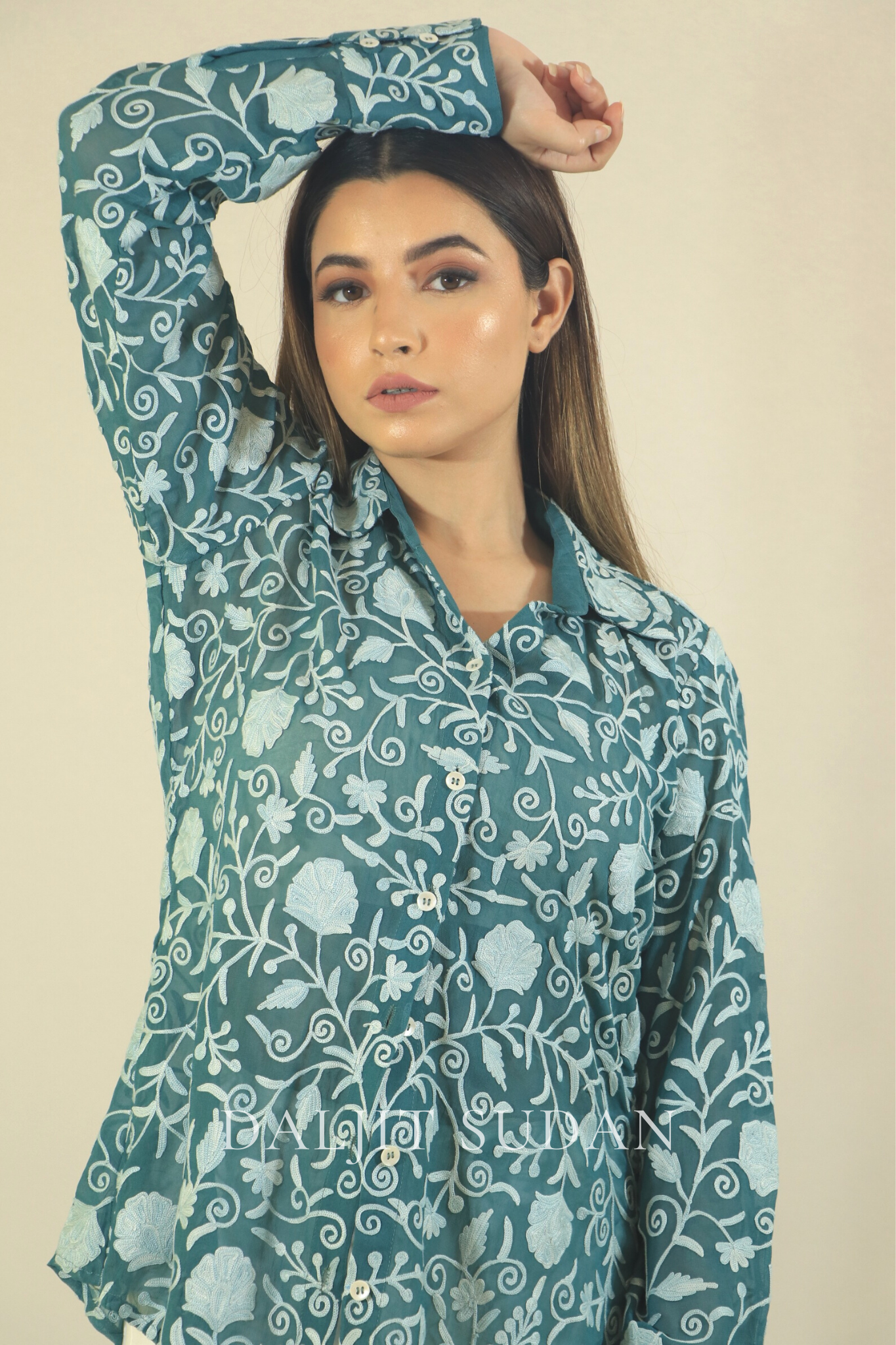 Teal all over embroidered shirt