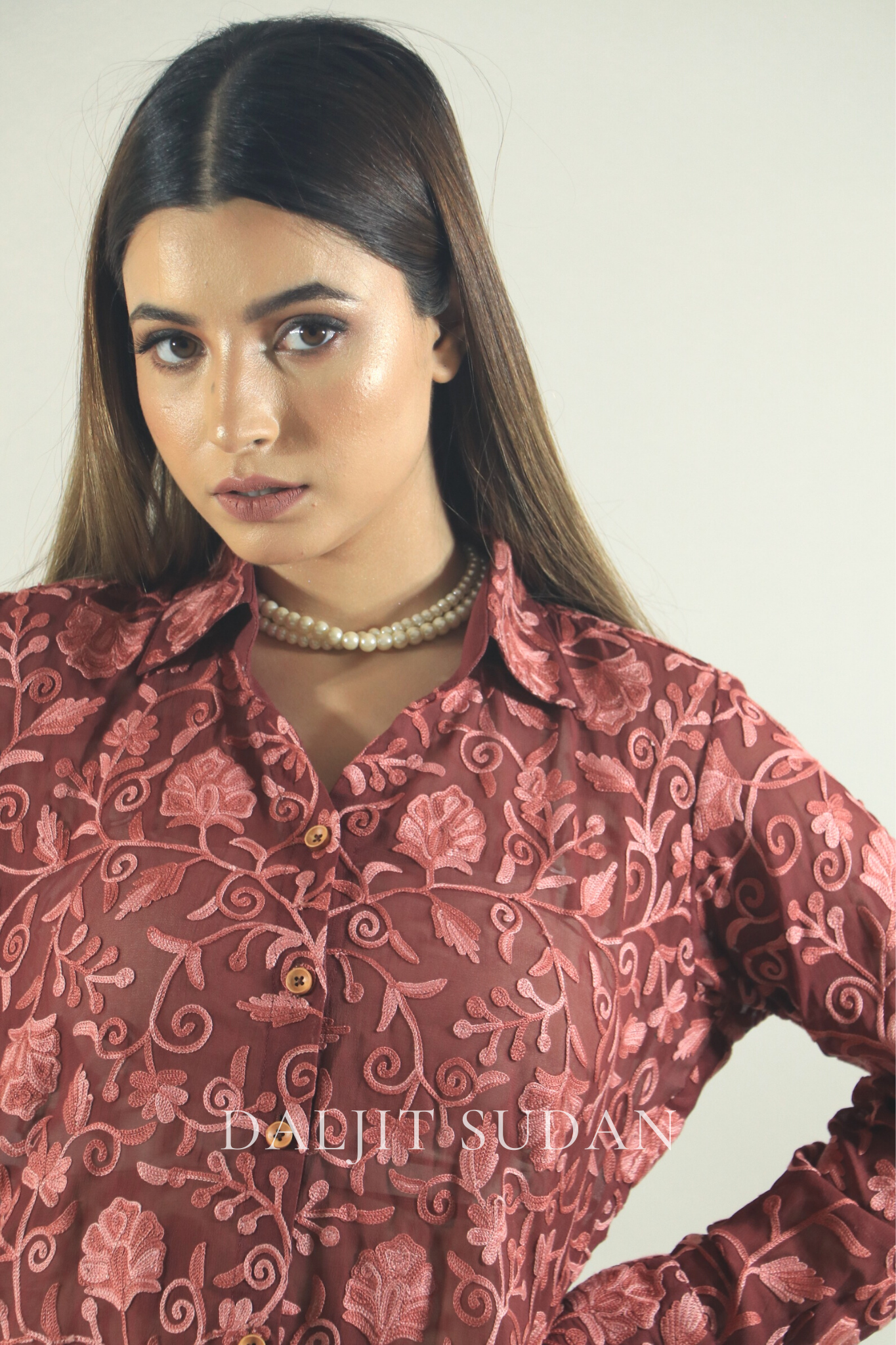 Light maroon all over embroidered shirt