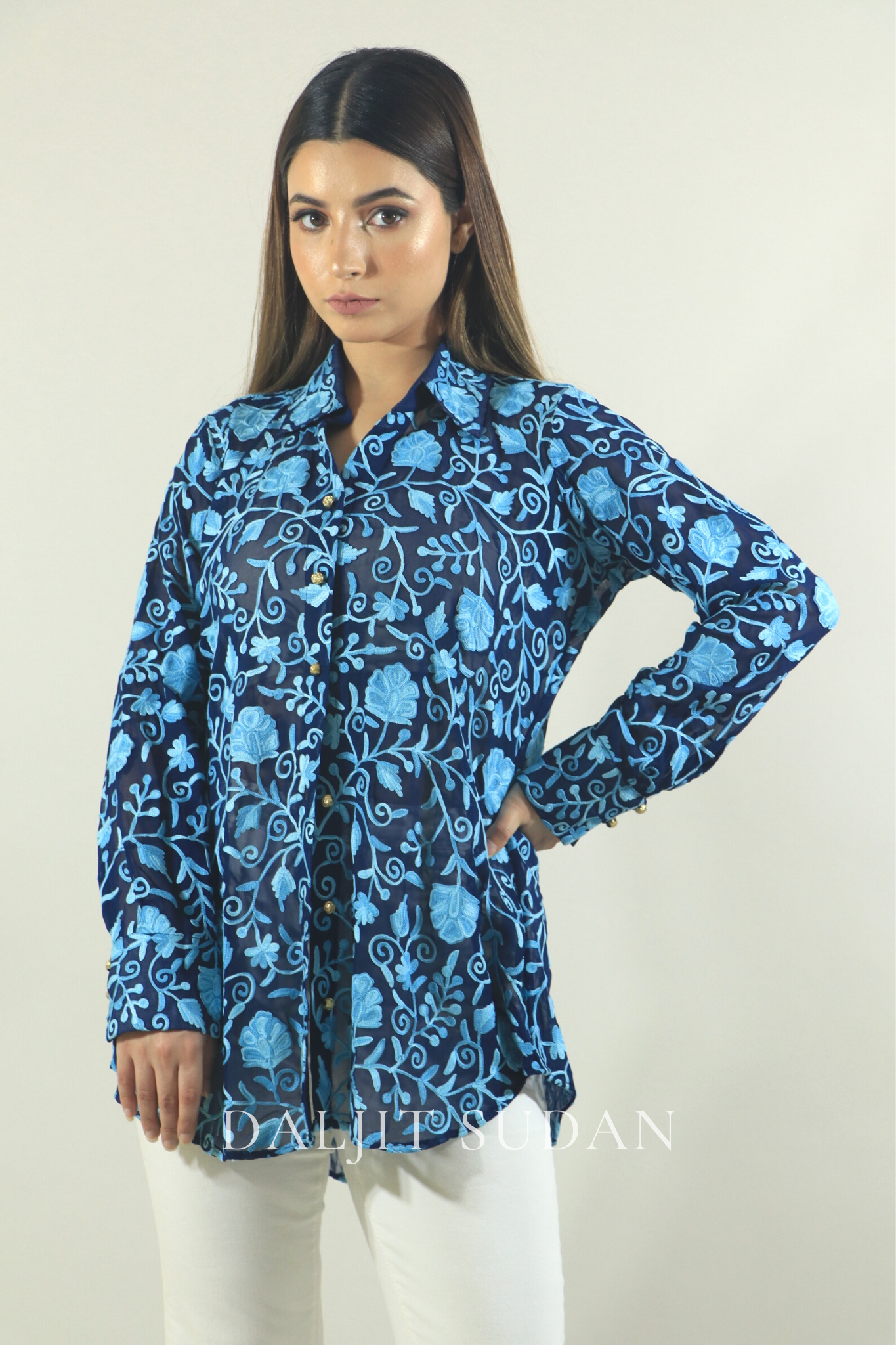 Blue all over embroidered shirt