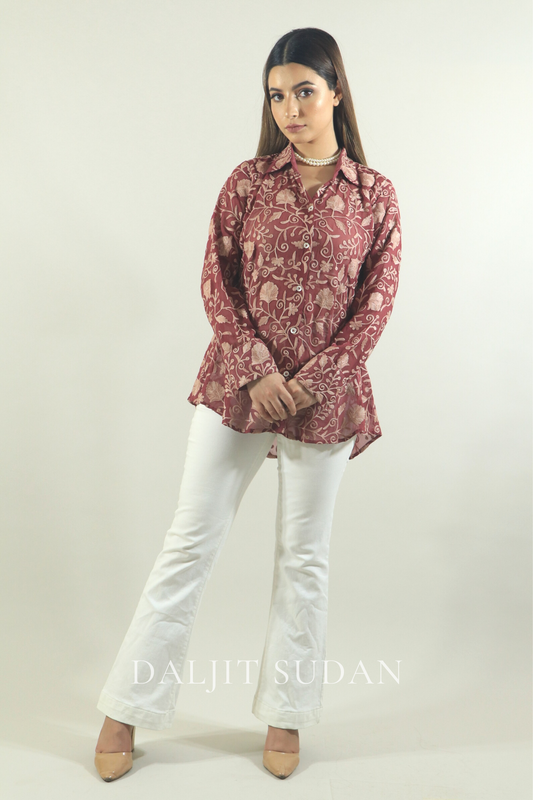 Pastel maroon all over embroidered shirt