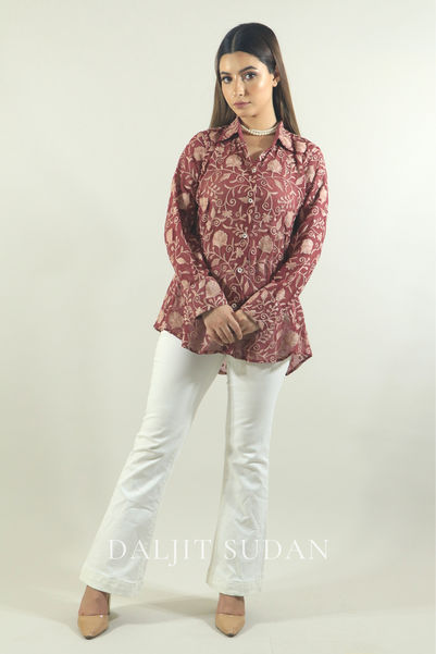 Pastel maroon all over embroidered shirt