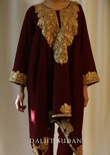 Maroon Crepe Kashmiri Gala Tilla Phiran Suit