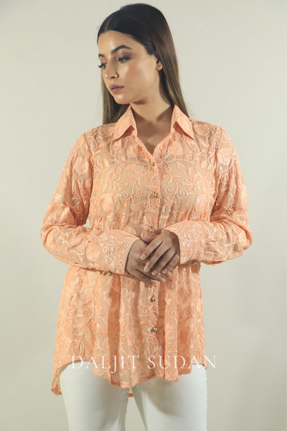 Peach all over embroidered shirt