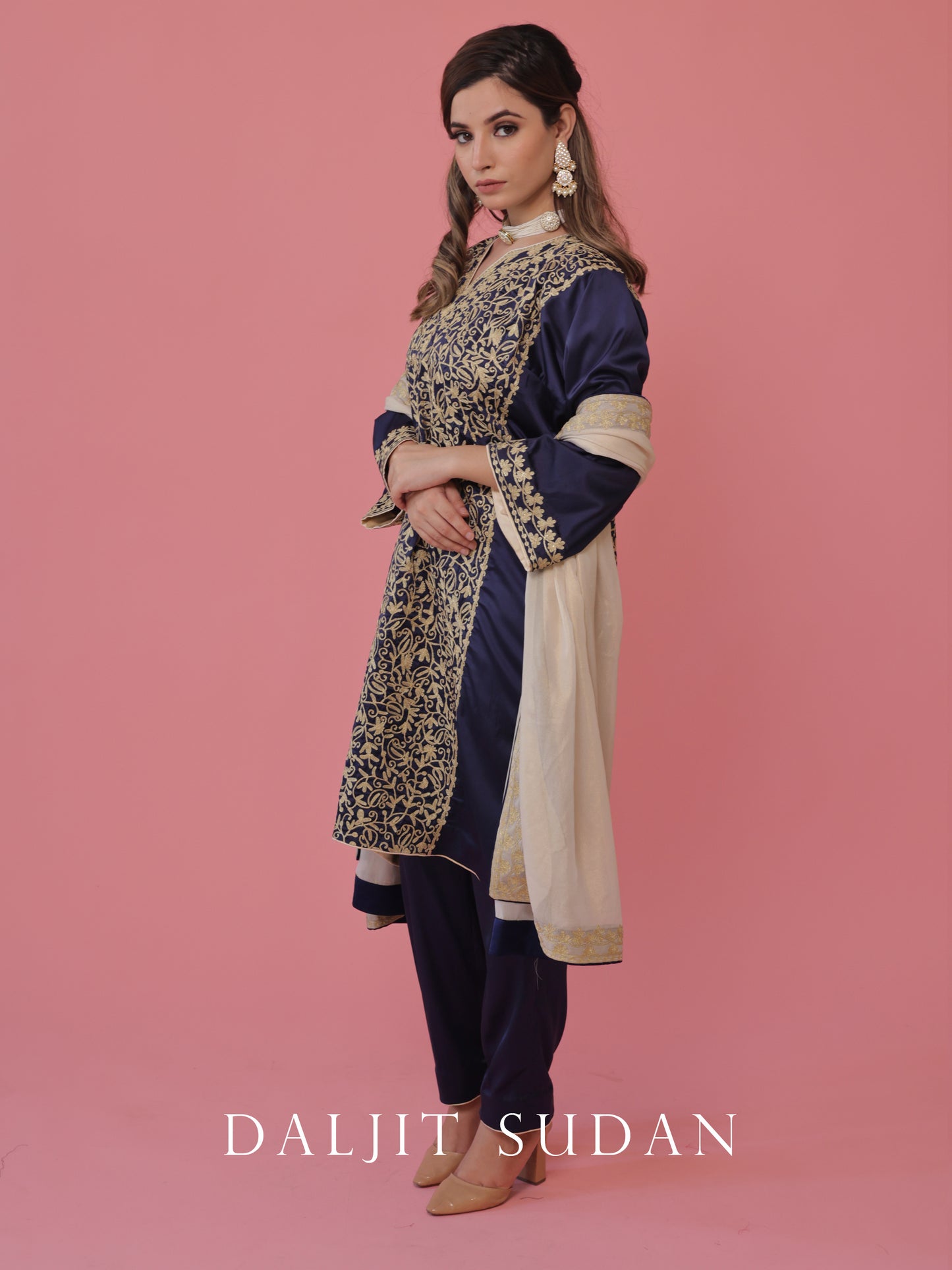 Navy Blue Satin phiran suit with tilla aari embroidery