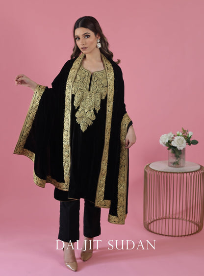 Black Velvet Kashmiri Gala Tilla Phiran Suit