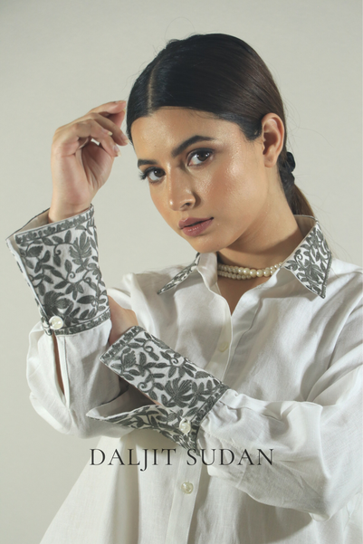 Off- Whit collar cuff gray embroidered shirt