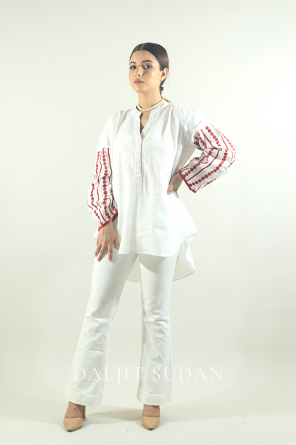 Linen sleeve stripes red embroidered shirt