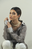 Grey crepe collar cuff embroidered shirt